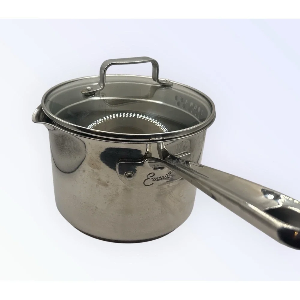 Emeril 3 Qt Sauce Pan Pot Double Pour Spout Stainless Steel STRAINER LID